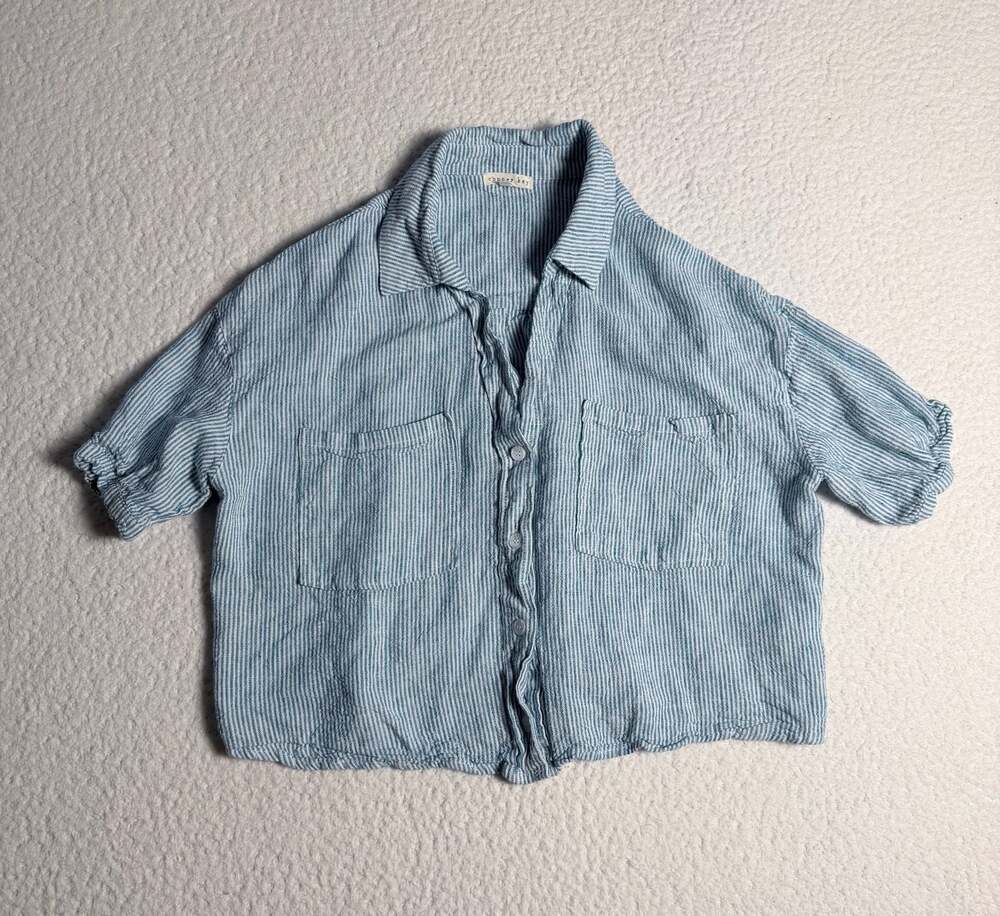 Copper Key Women's Blue and White Striped Button-Down Crop Shirt Size M